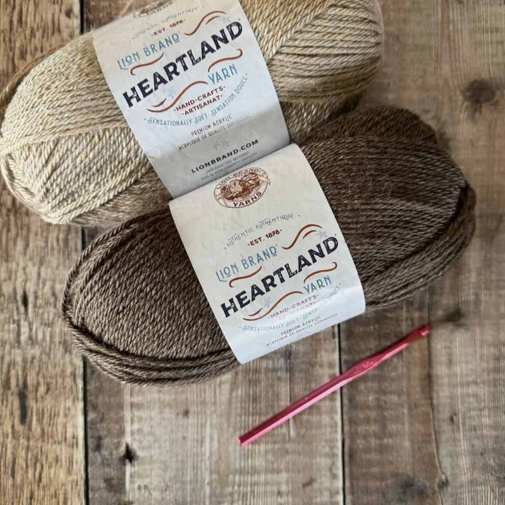 A photo of Heartland yarn with a crochet hook