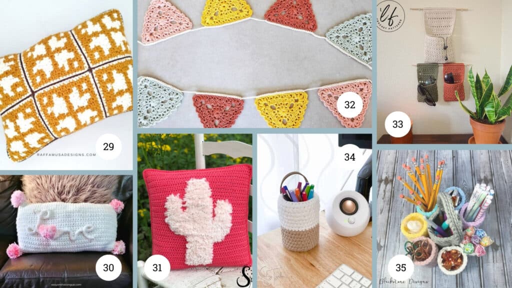 Collage featuring pillows, decor, and storage solutions from of this collection of college crochet ideas