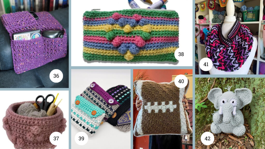 Collage featuring storage solution and school spirit items from of this collection of college crochet ideas