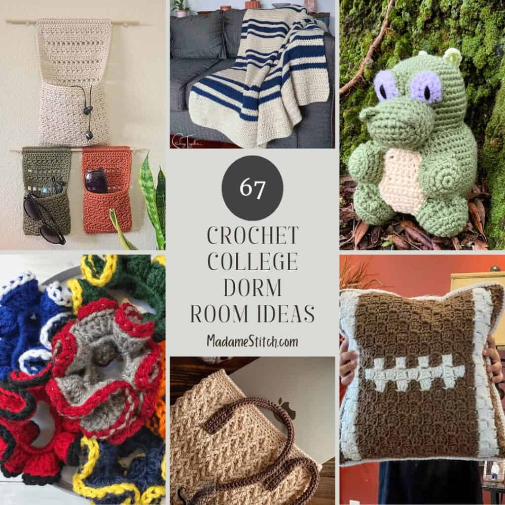 Collage image featuring 6 of the 67 college crochet ideas featured in this collection