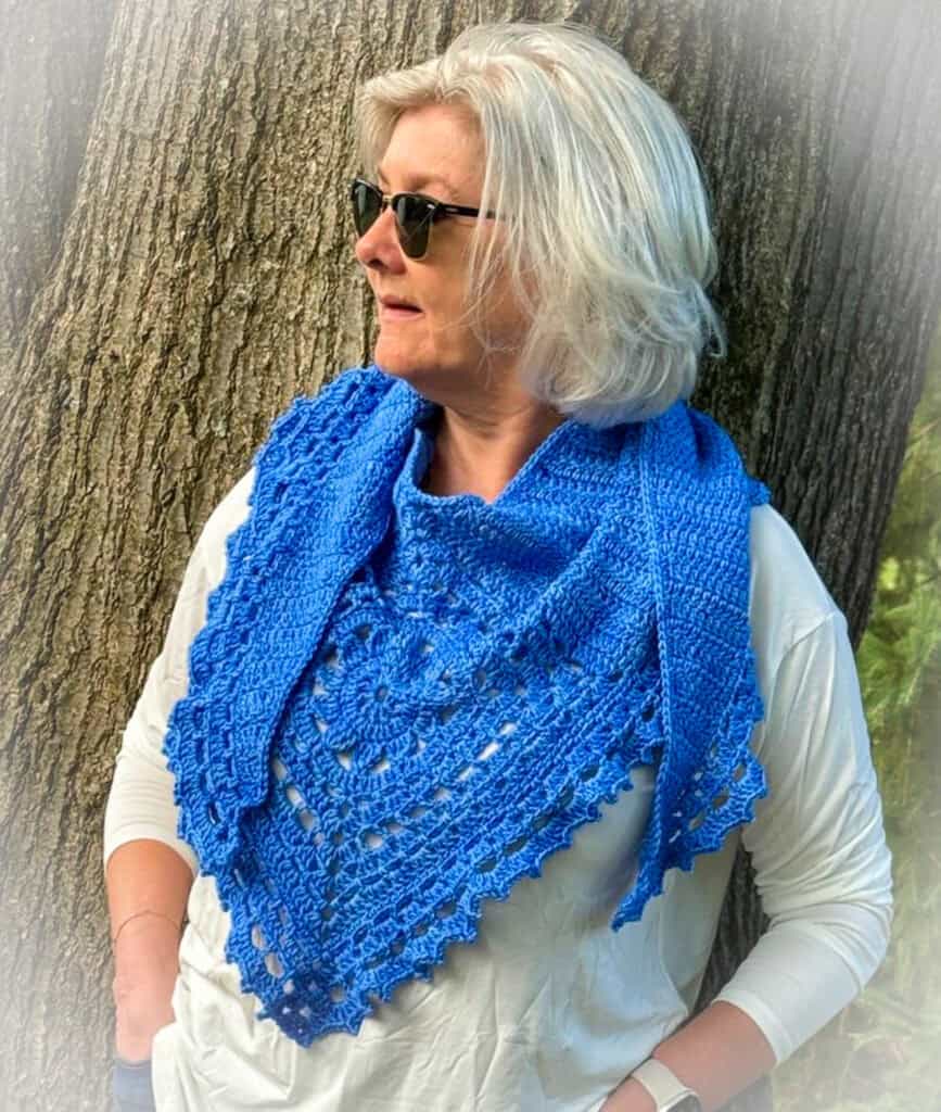 A photo of me wearing the Cenise Shawl