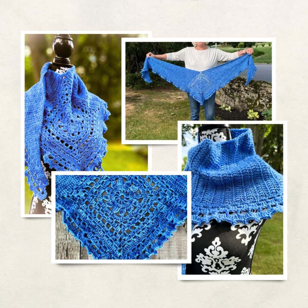 Four photos of the Cenise crochet shawl