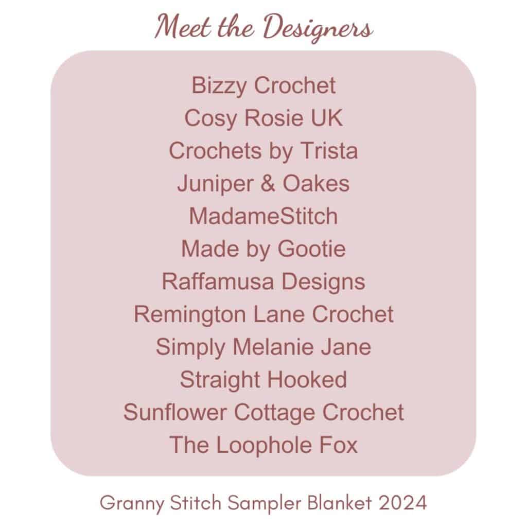 Meet the designers in the granny stitch sampler blanket free crochet along