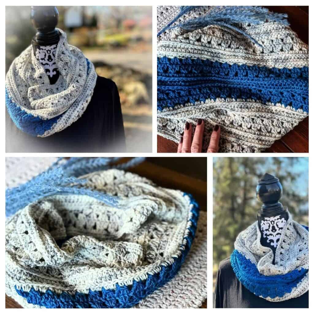 Photos of the Aria granny stitch cowl