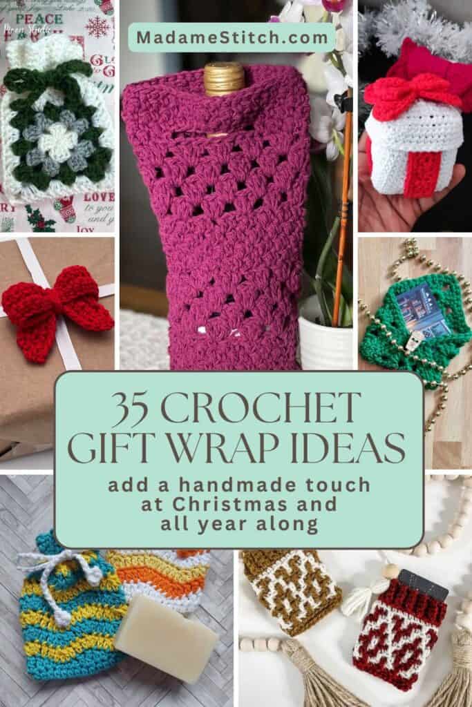 35 Crochet Gift Bags, Boxes, and Embellishments - Pin image featuring 7 of 35 patterns