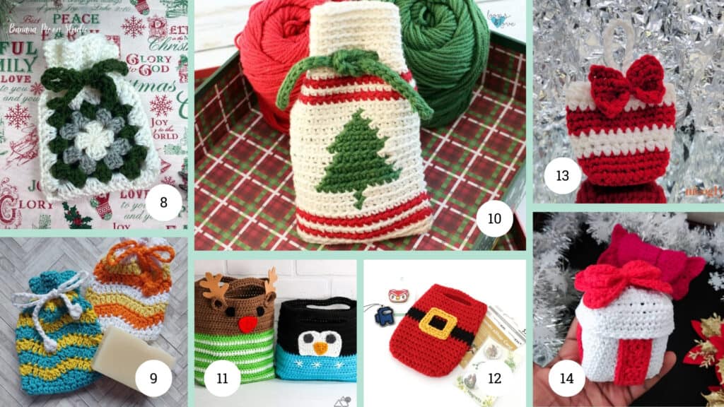 Crochet Gift Bags, Boxes, and Embellishments Collage - 8-14