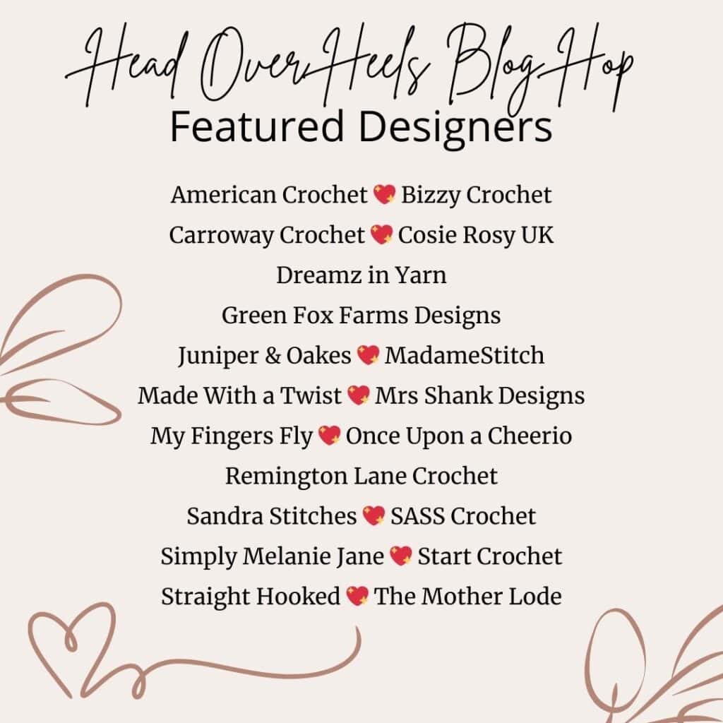 A list of the featured designers in the Head Over Heels blog hop