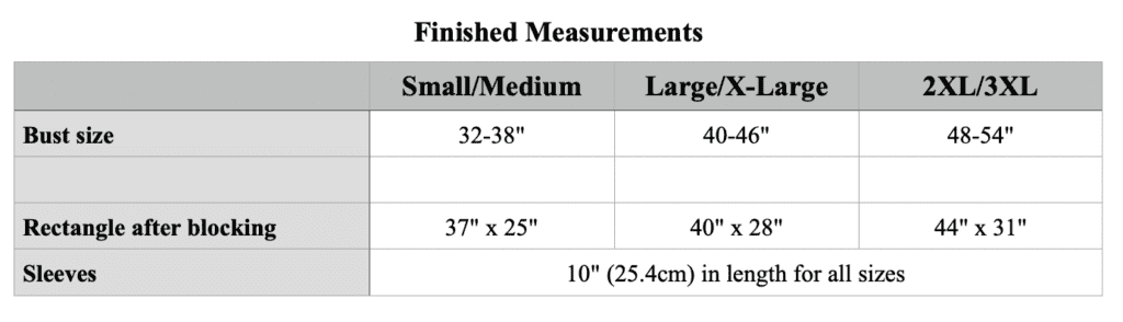 A chart for the finished measurements of the cocoon sweater